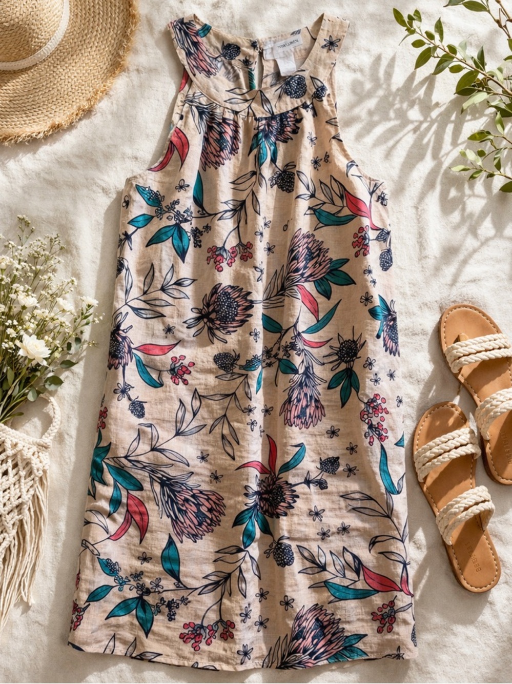 100% linen boho Rachel Ashwell Floral Sleeveless mini dress cottagecore coastal